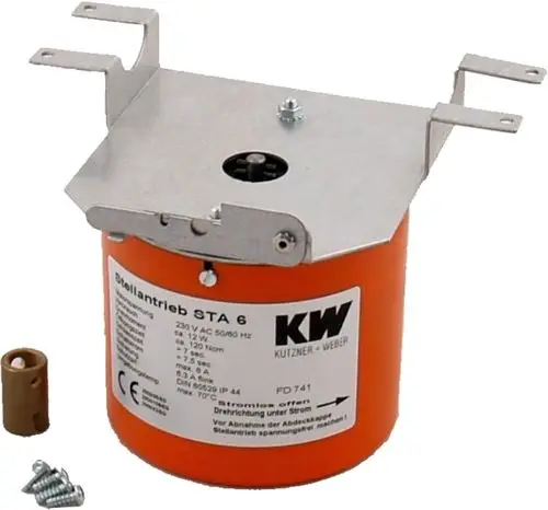 Stellantrieb in orange mit Montagehalterung, ausgestattet mit einer Metallabdeckung und technischen Angaben. Produkt der Marke Wolf.